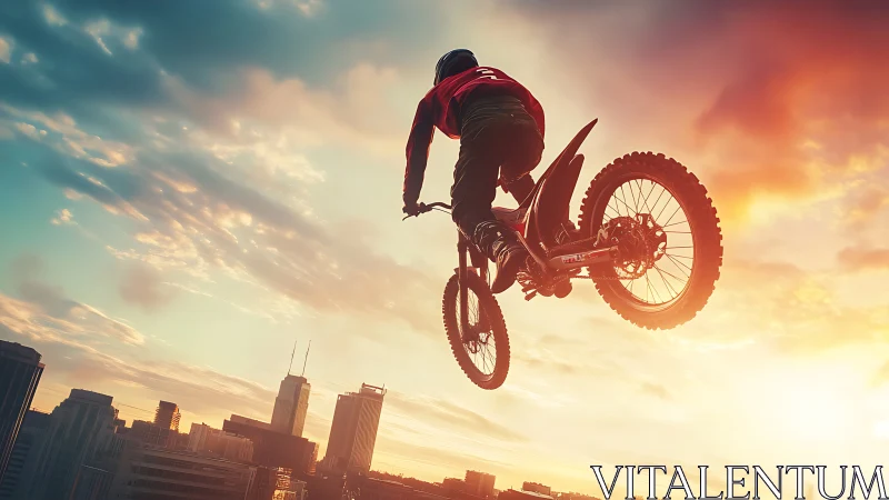 Urban skyline motocross jump in golden sunset backlight.