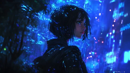 Midnight city wanderer glowing softly in neon blues.