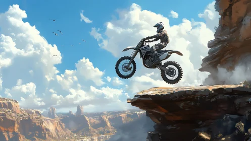 Skyline daredevil on canyon cliff, chasing high-altitude courage.