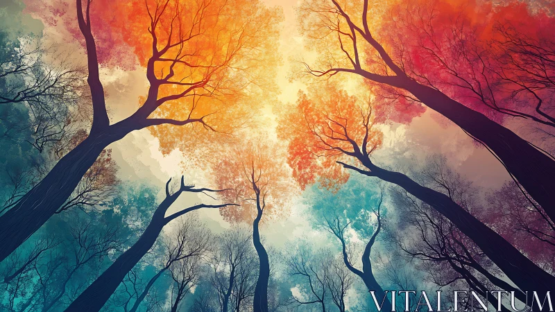 Digital forest canopy with fiery gradient sky perspective.