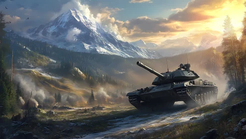 Main battle tank in alpine valley under dramatic sunrise light