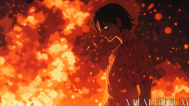 Defiant anime hero standing strong in a sea of flames.
