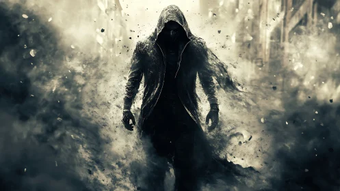 Hooded specter dissolving into urban smoke and debris.