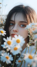 Soft daylight portrait of blue-eyed girl framed by daisies