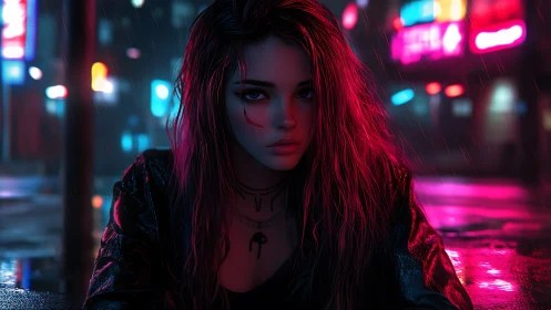 Neon rain crowns a cyberpunk loner with quiet defiance