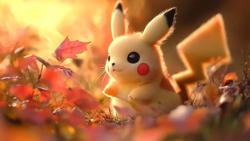 Pikachu sitting in warm autumn light among fallen leaves.