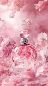 Pink perfume bottle amid soft blooming cherry petals.