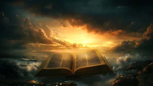 Ancient illuminated book opens above stormy ocean at dawn
