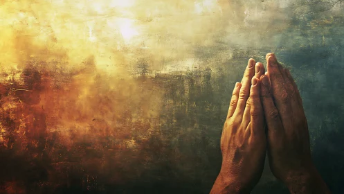 Human hands pressed together before textured light field.