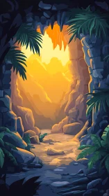 Sunlit jungle cave corridor with stylized rocky passageway