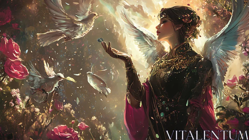 Winged floral sovereign with doves in luminous particle bloom.