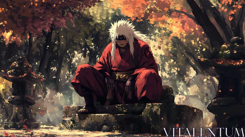 Solitary warrior rests quietly in a glowing autumn forest