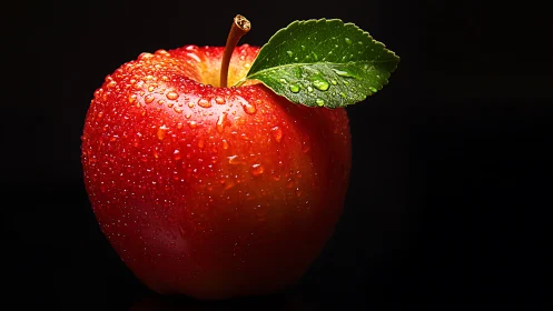 Red apple macro with dewdrops on black background.
