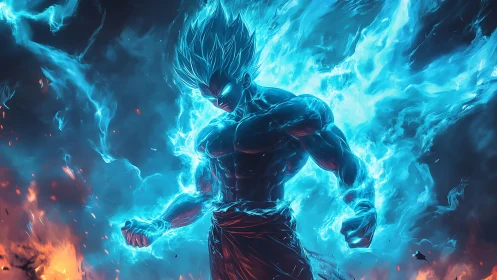 Blue energy-enveloped anime warrior in fiery landscape.