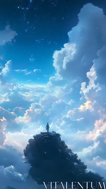 Lone figure on rocky peak under vast bright sky.