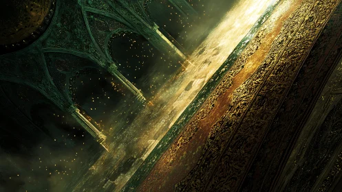 Gilded cathedral interior tilts under drifting golden embers.