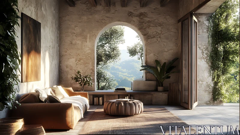 Sunlit rustic living room opens toward lush mountain valley