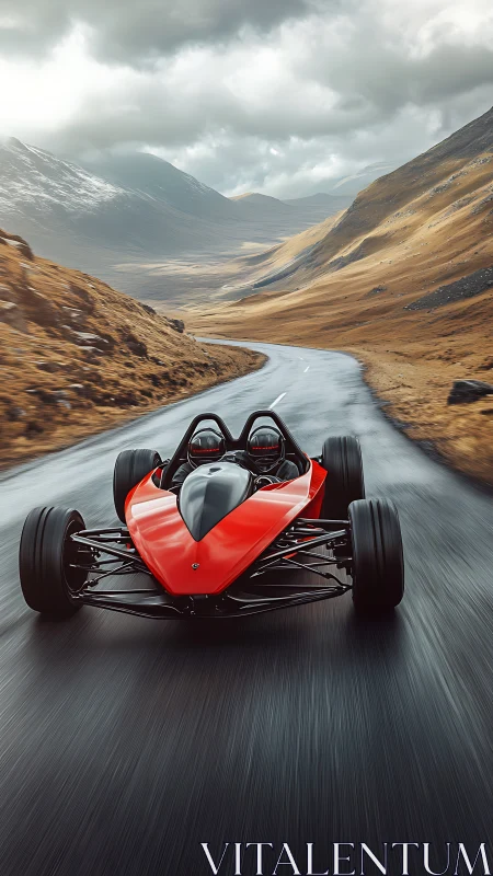 Photoreal track-day speedster on cinematic mountain road.