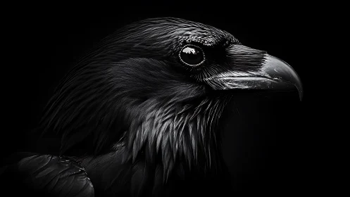 Dramatic close-up of a raven in black and white fine art style.