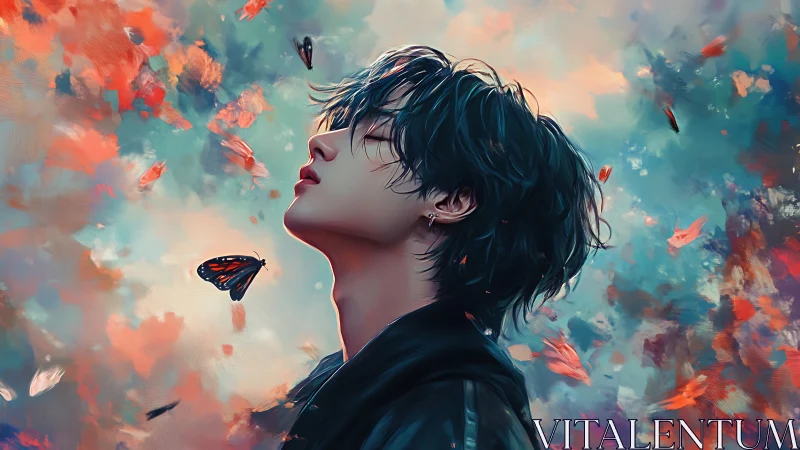 Sky-breathing dreamer amid ember leaves and wandering wings.