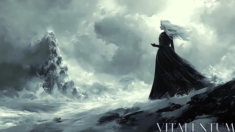 Stormbound woman on cliff amid crashing monochrome waves.