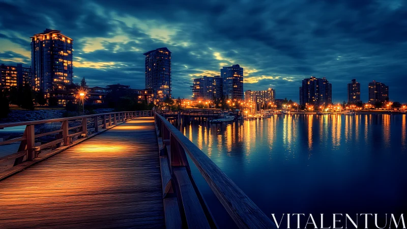 Lakeside boardwalk under glowing city skyline at dusk.