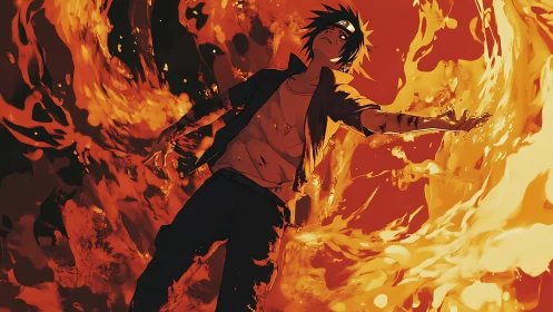 Anime fighter stands in swirling orange flames, defiant.