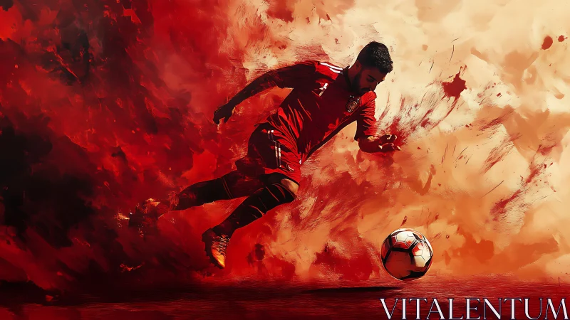 Dynamic red digital painting of soccer player in motion.