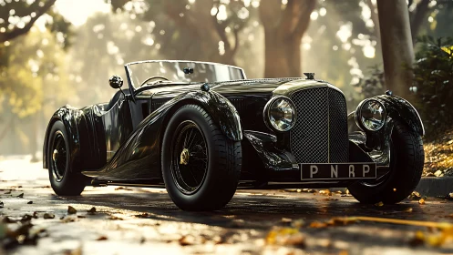 Vintage black roadster parked on sunlit tree lined street