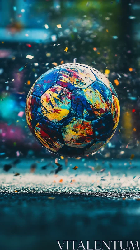 Color-splashed soccer ball midair over wet textured ground.