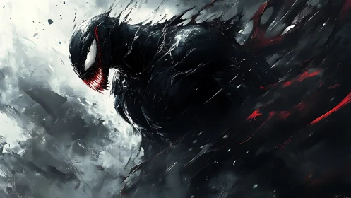 Shadowy symbiotic antihero emerges from a swirling storm.