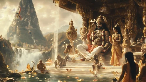 Mythic Himalayan court with seated deity in luminous gold temple.