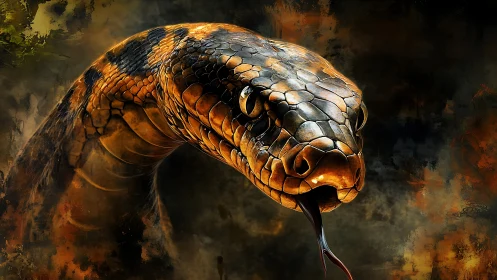 Coiled serpent head in close view against dark smoky backdrop.