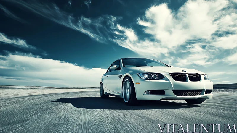 White BMW sedan driving fast on open highway under sky.