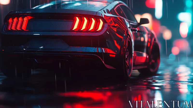 Sleek sports car glowing softly in a rainy neon city night.