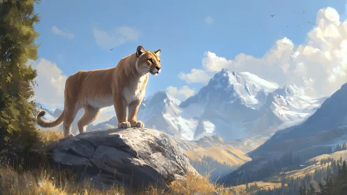 Mountain Lion Surveying Alpine Wilderness Against Snowcapped Peaks