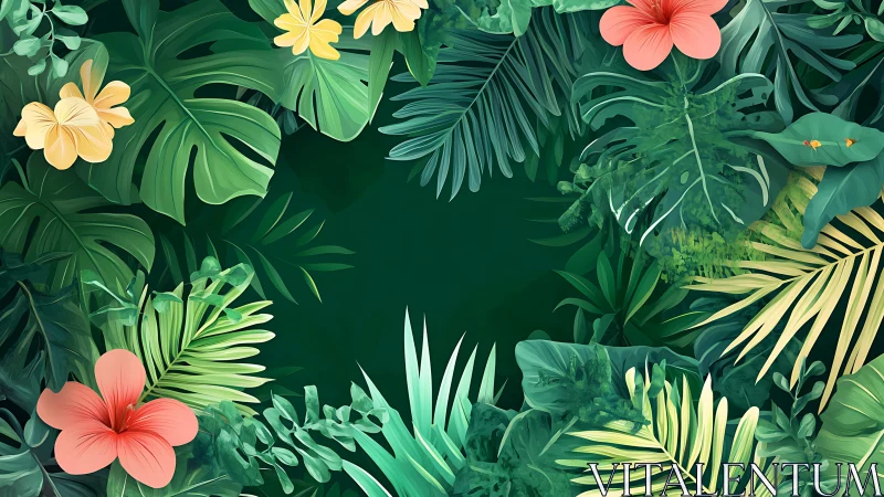 Lush tropical leaf frame with playful hibiscus blooms.