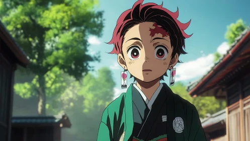 Anime character in traditional attire on village street.