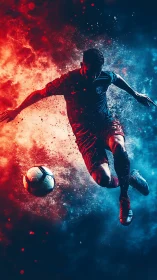 Bicolor energy dispersion around dynamic football striker silhouette.