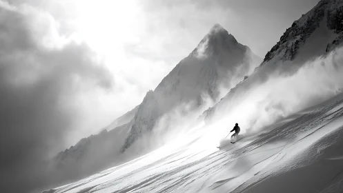 Solitary skier carving powder below dramatic alpine peak.