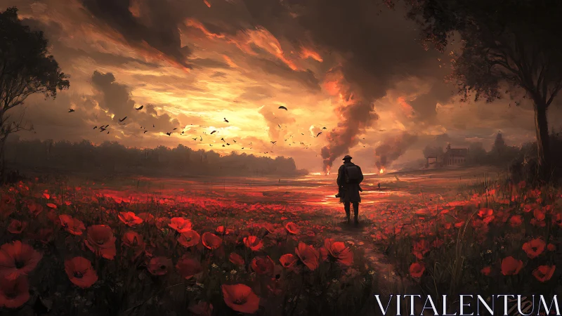 Solitary figure walks through poppy field under burning sky