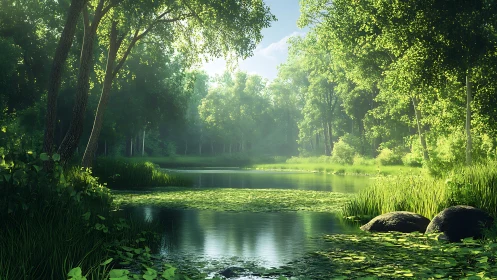 Sunlit forest pond wrapped in soft morning stillness.