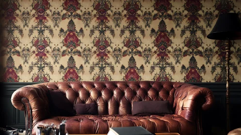 Photorealistic Chesterfield sofa with ornate damask backdrop.