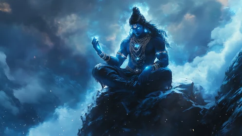 Mythic blue deity meditating amid stormlit mountain clouds.