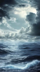 Storm-lit ocean swells rise beneath dramatic cloudbreak sky.