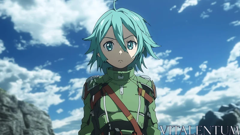 Calm blue haired adventurer under a bright open sky.