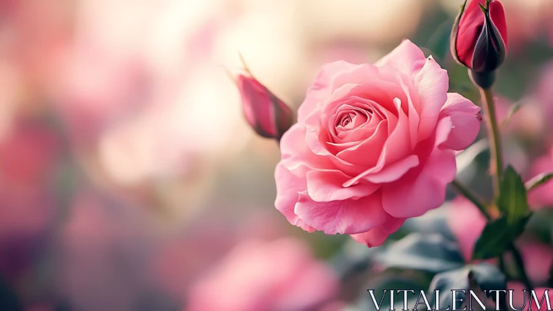 Pink rose in soft focus garden setting with blooms.