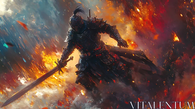 Blazing knight strides through swirling fire and embers