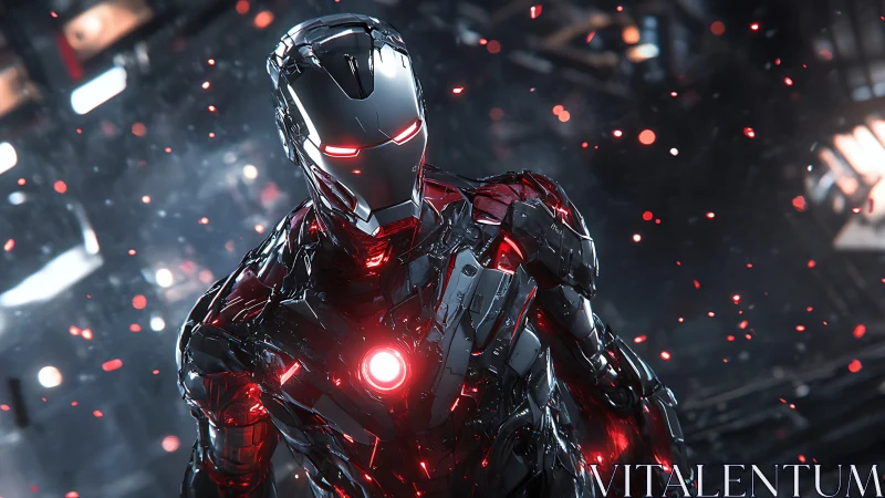 Chrome-clad cyber guardian burns crimson in drifting embers