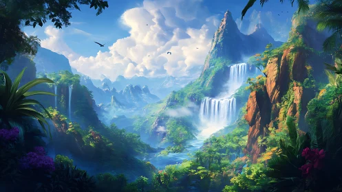 Emerald cascades tumble through sunlit, mist-wrapped peaks